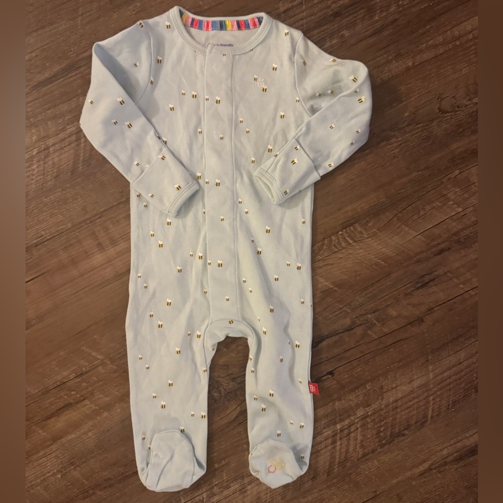 Magnetic Me Light Blue Bee Print Onesie Organic Cotton Baby 3-6 Months